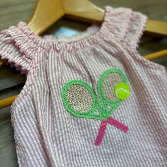 Mud Pie Pink & White Striped Seersucker Ruffle Romper w/ Tennis Racquets & Ball - Picture 4 of 11